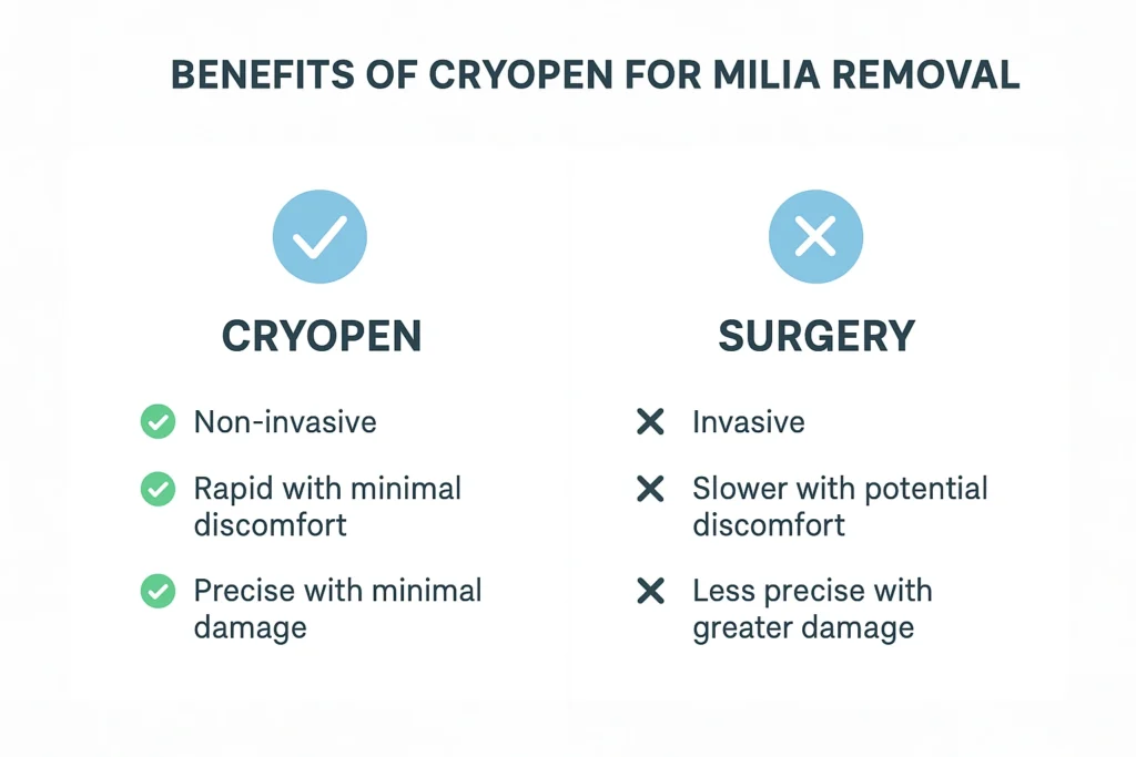 Benefits of cryopen for milia removal Lewisham compared to surgical treatments.